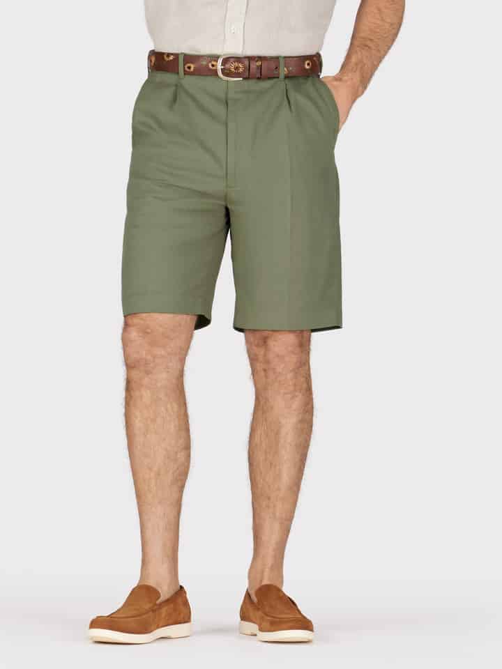 Men's Green Cotton Pleated Shorts on Model
