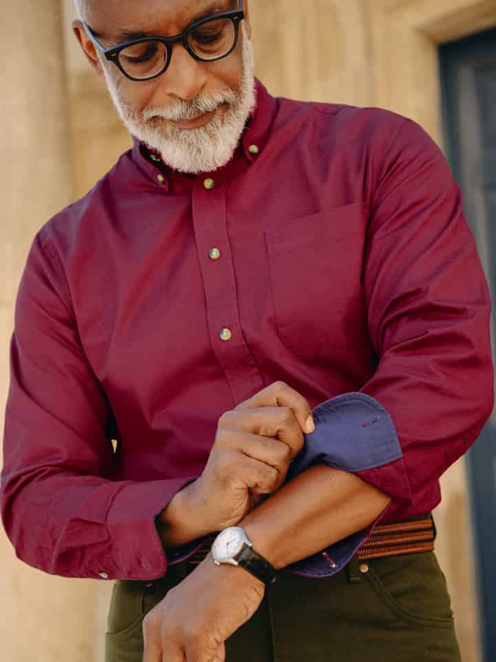 Men's Burgundy Red Soft Twill Cotton Shirt on Model