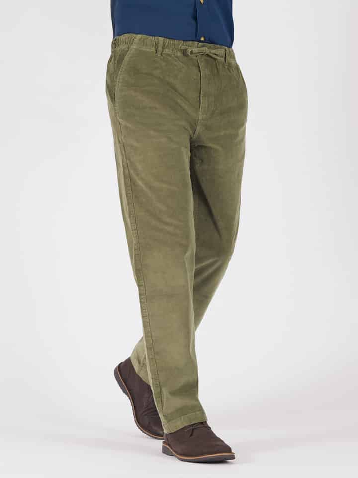 Men's Green Fine Needlecord Corduroy Drawstring Elasticated Waist Trousers