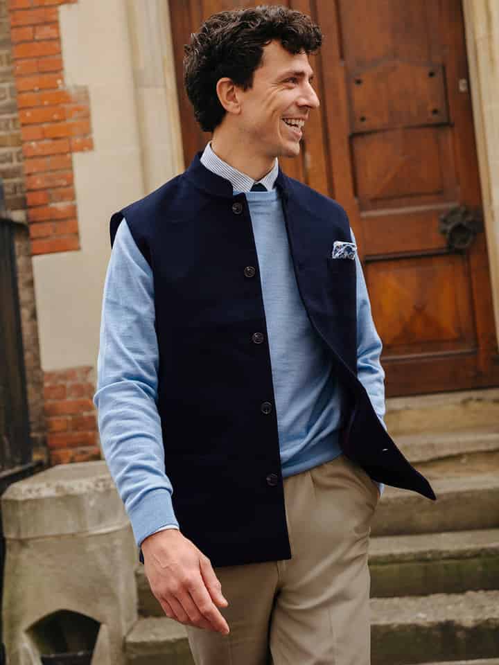 Mens Classic Moleskin Nehru Collar Gilet On Model