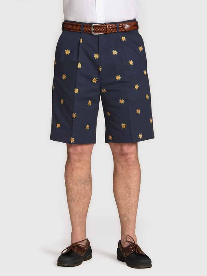 Sun Embroidered Navy Cotton Pleated Shorts