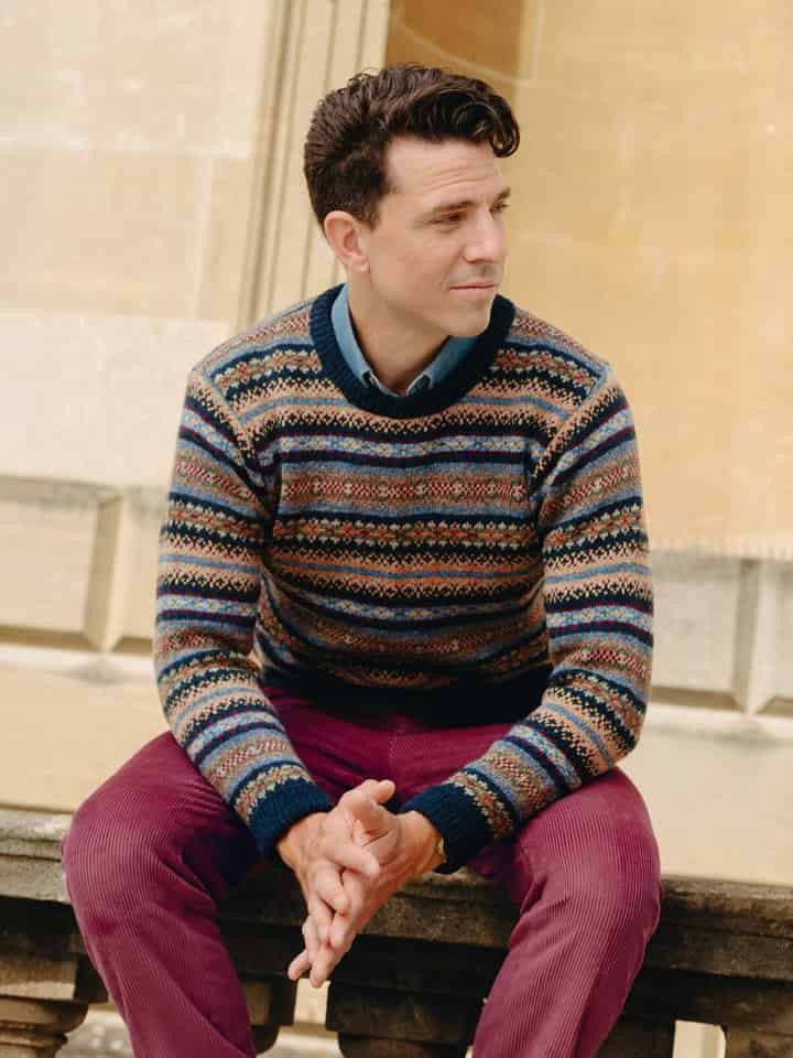 Men's Navy Fairisle Knitted Crew Neck Jumper On Model