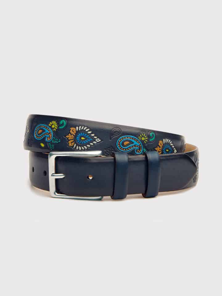 Navy Paisley Hand Painted Leather Belt Curled