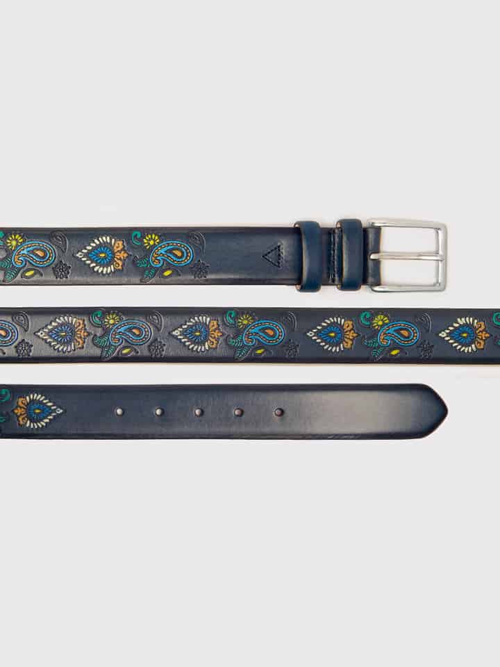 Navy Paisley Hand Painted Leather Belt