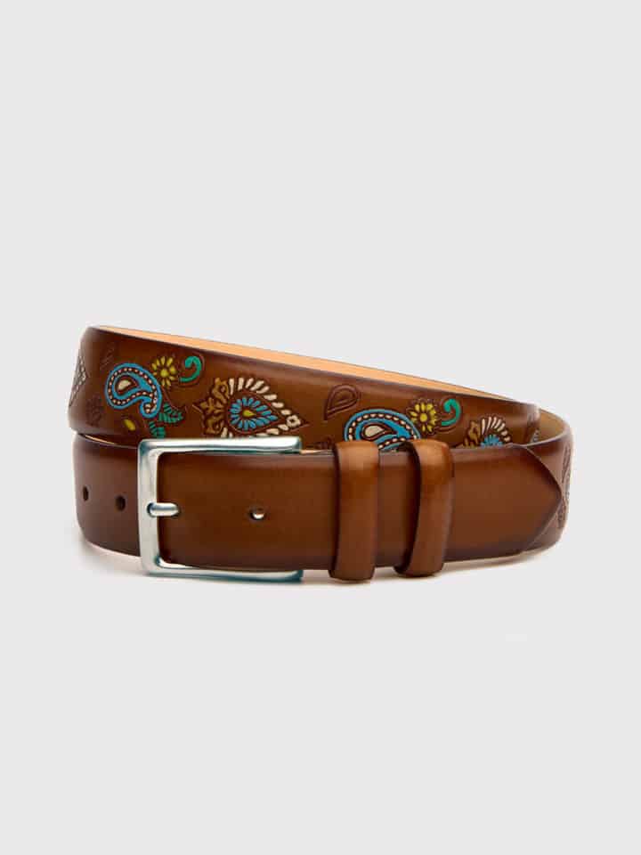 Tan Paisley Hand Painted Leather Belt Curled