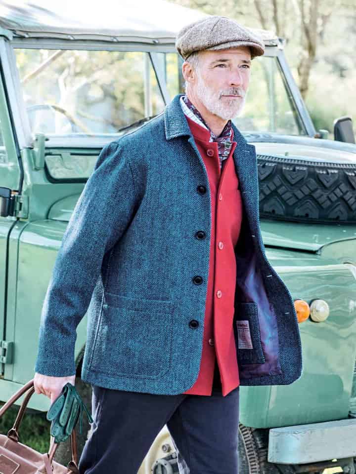Blue Harris Tweed Chore Jacket On Model
