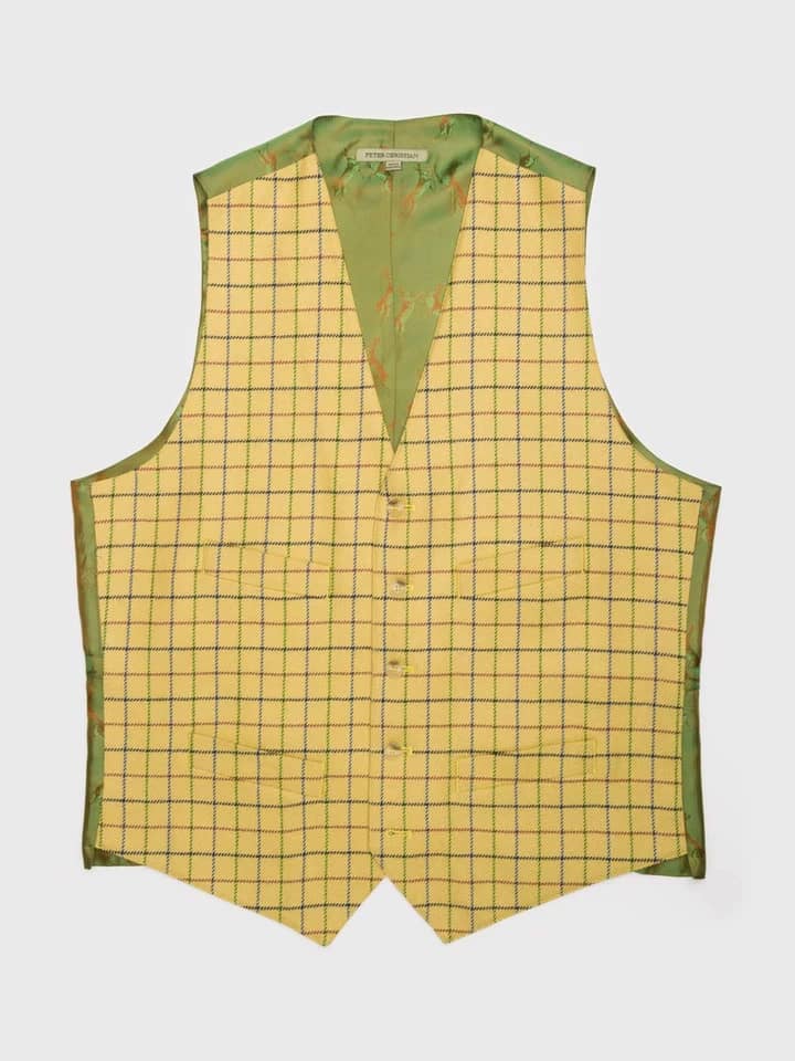 Men's Gold Yellow Tattersall Check Wool and Silk Waistcoat - Front
