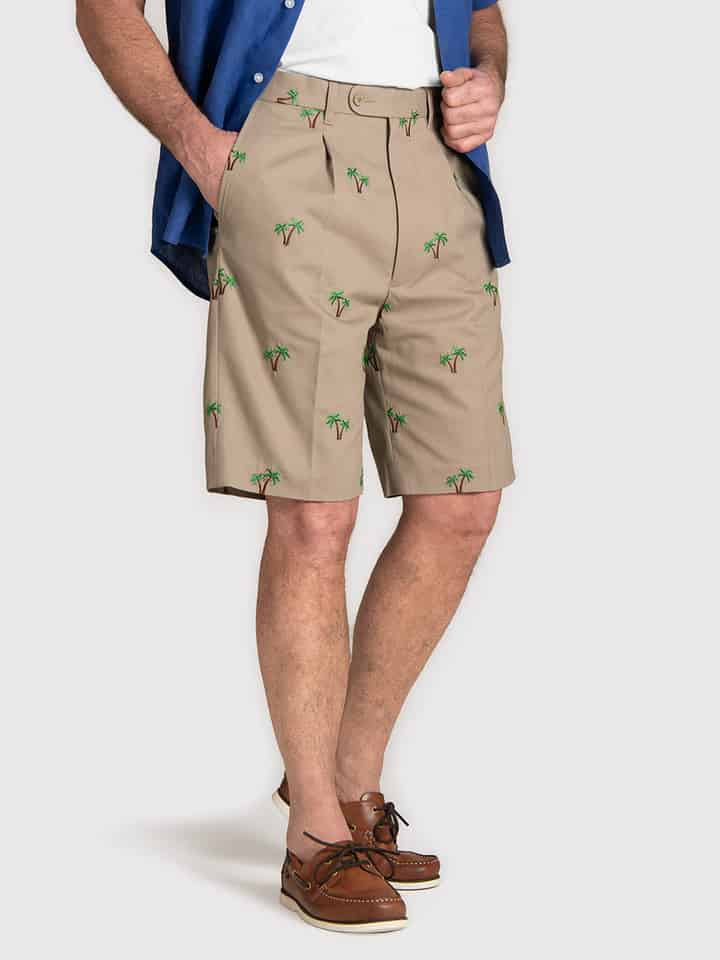 Palm Embroidered Cotton Pleated Shorts
