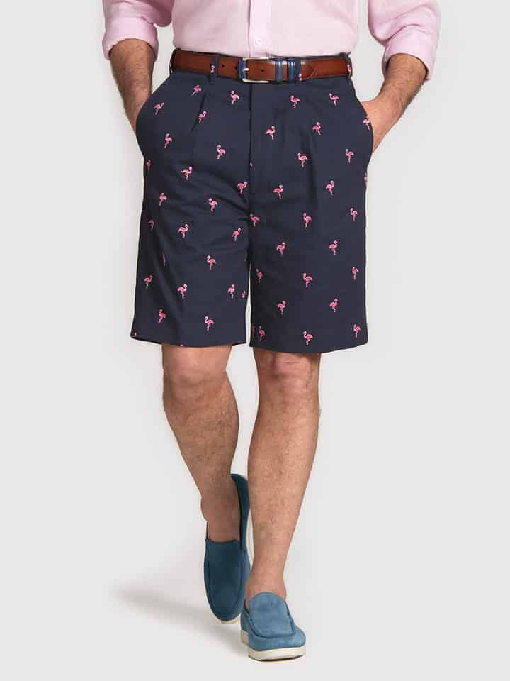Flamingo Embroidered Cotton Pleated Shorts
