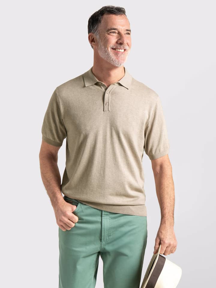 Men's Taupe Fine Knit Polo Shirt Model