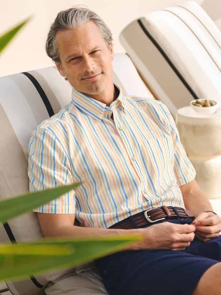 Men's Striped Short Sleeve Linen and Cotton Shirt Model