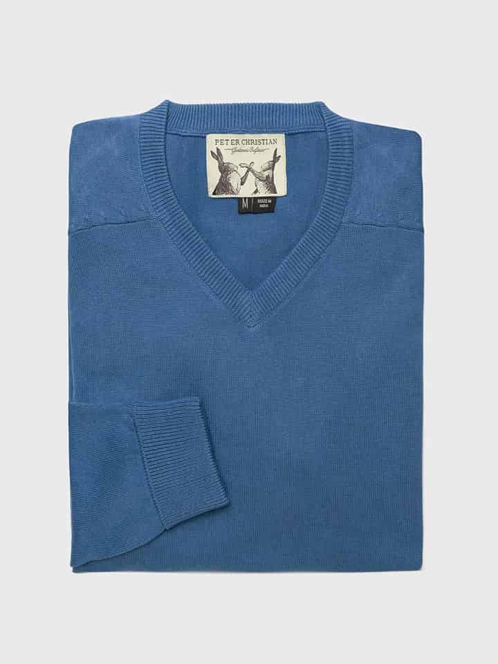 Men's Blue Cotton V Neck Jumper - Folded