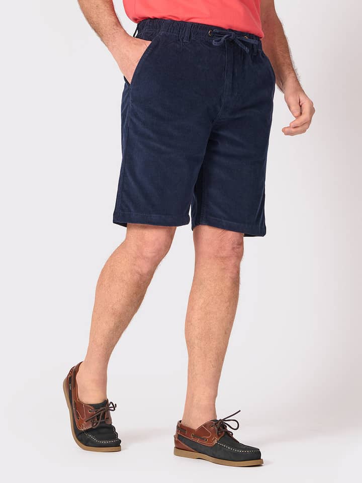Mens Navy Corduroy Drawstring Shorts On Model
