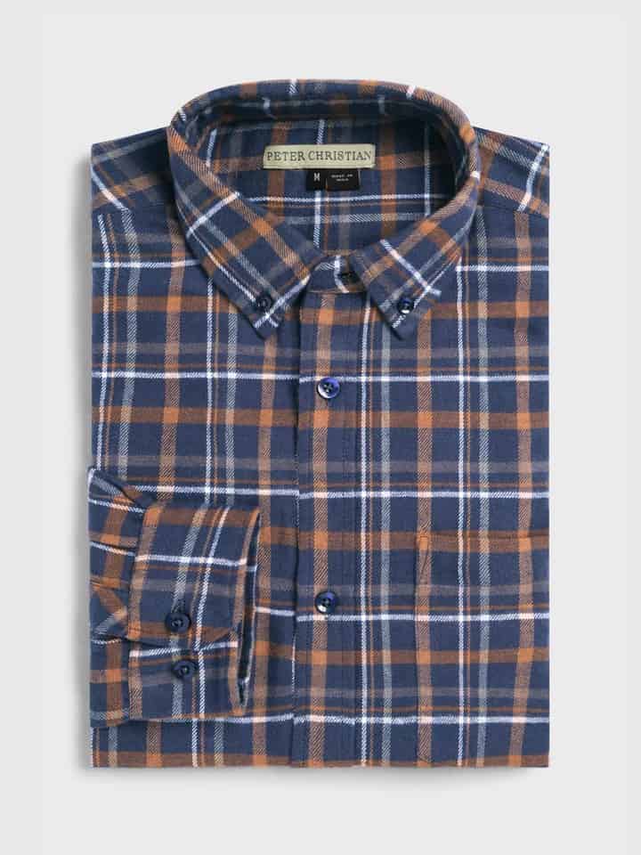 Mens Navy Brushed Check Shirt Folded