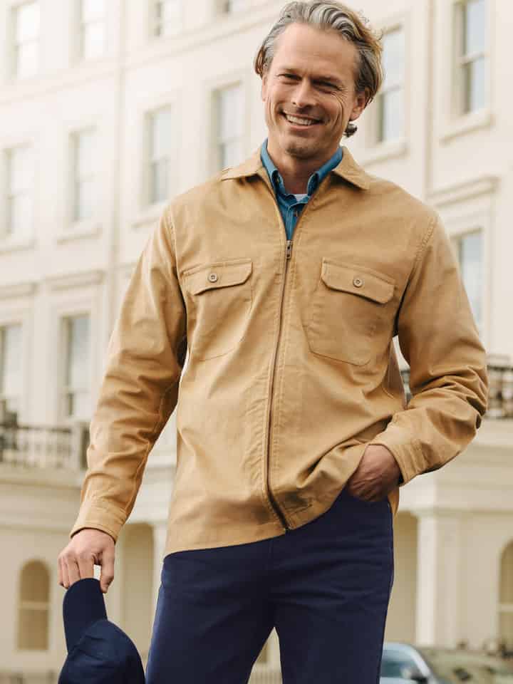 Model wears mens Sand Needle Cord Shacket