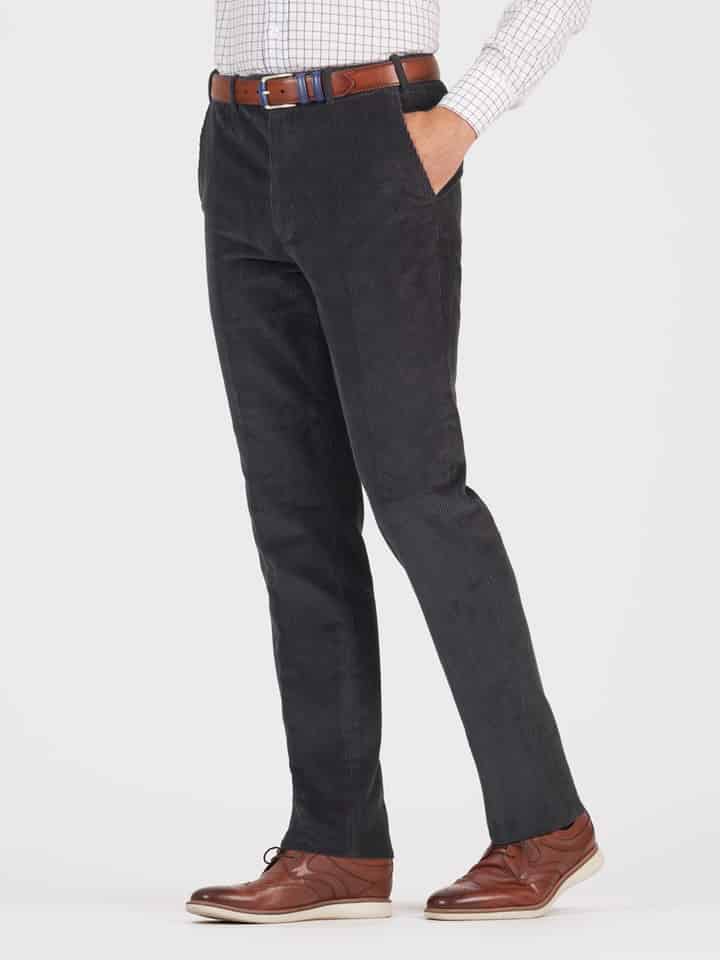 Mens Charcoal Tapered Corduroy Trousers On Model