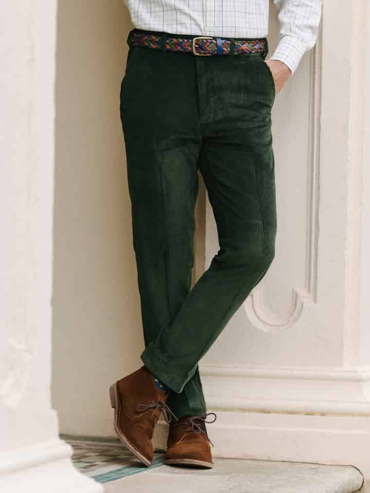 Mens Pine Tapered Corduroy Trousers On Model Closeup