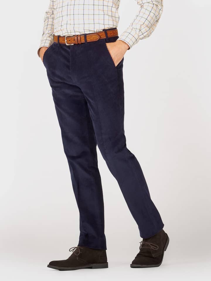 Mens Navy Tapered Corduroy Trousers On Model