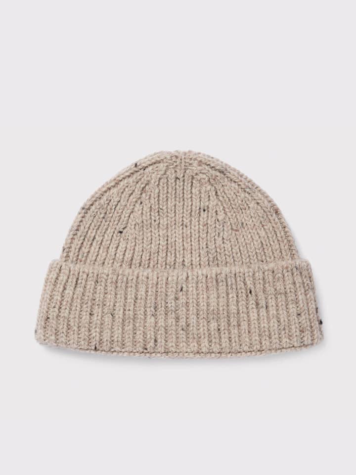 Mens Oat British Wool Beanie Hat Flat
