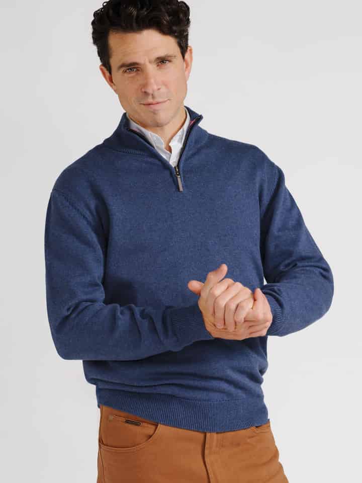 Mens Blue Pink Quarter Zip Jumper On Model