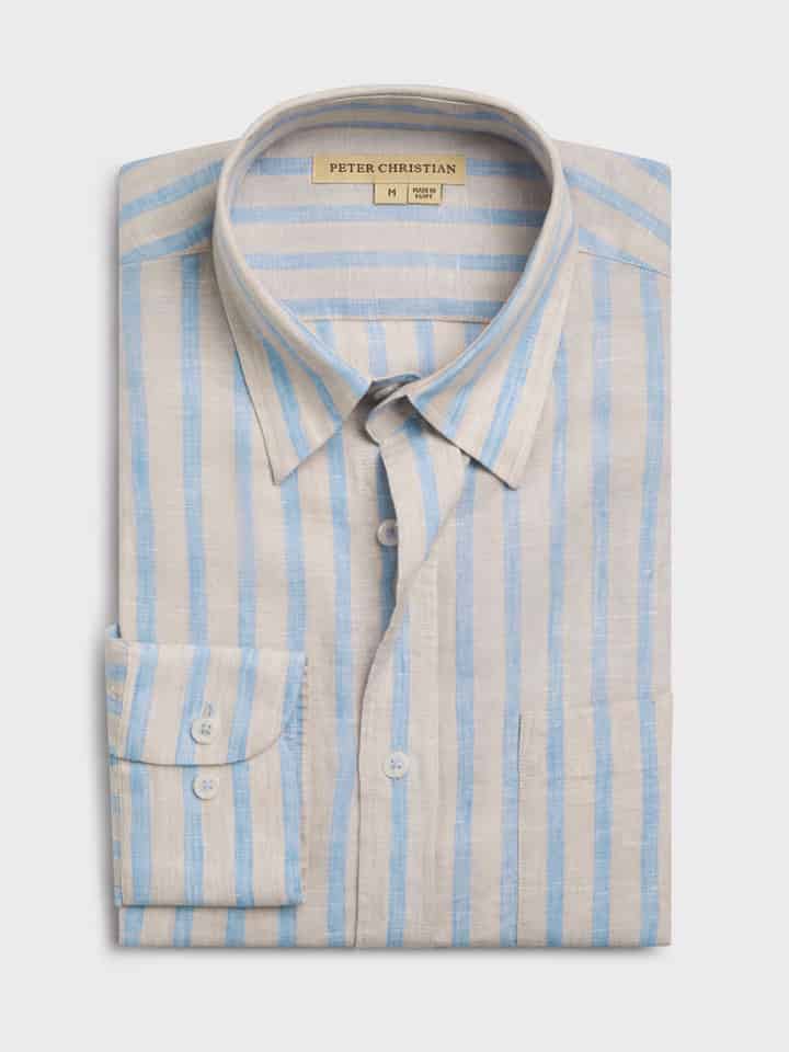 Blue Natural Stripe Long Sleeve Linen Shirt