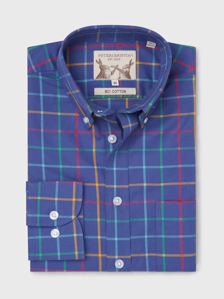 Mens Blue Button Down Check Colourful Tattersall Cotton Shirt