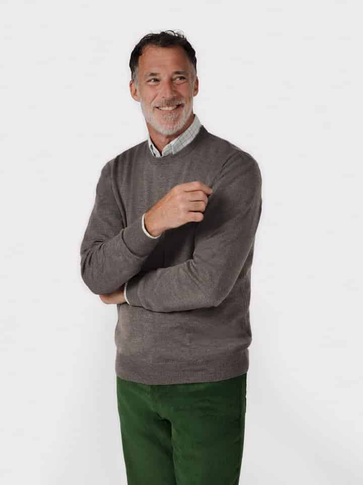 Mens Truffle Merino Crew Neck Jumper on Model