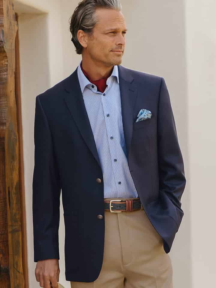 Men's Luxury Navy Blue Wool Blazer Jacket On Model