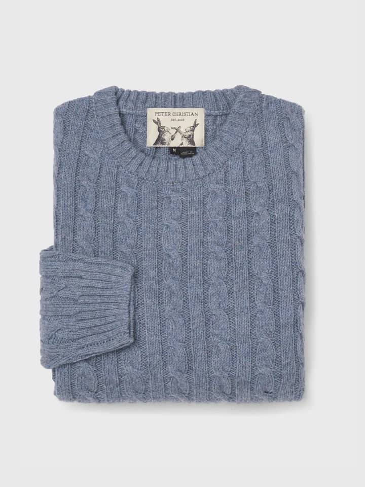 Mens Mist Blue Cable Crew Neck Jumper