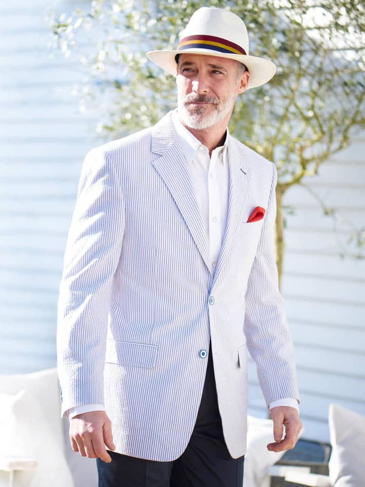 Men's Blue White Red Stripe Seersucker Jacket on Model