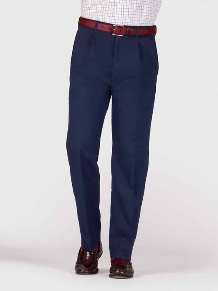 Mens Navy Pleated Chino Trousers on Model