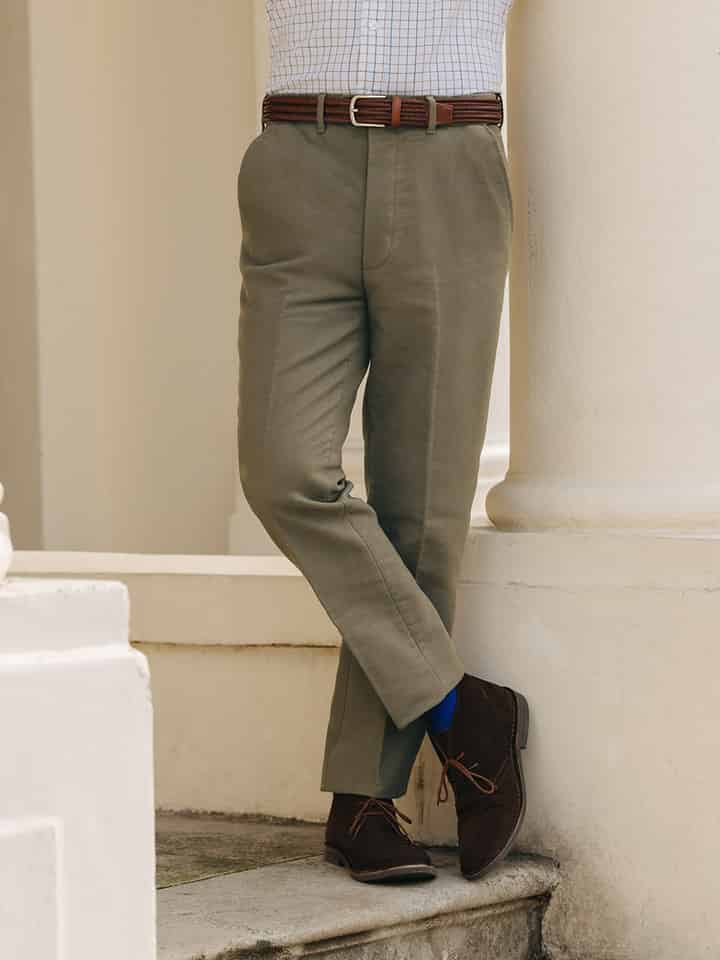 Men's Loden Green Moleskin Trousers on Model