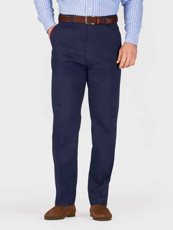 Men's Navy Blue Flat Front Chino Trousers on Model