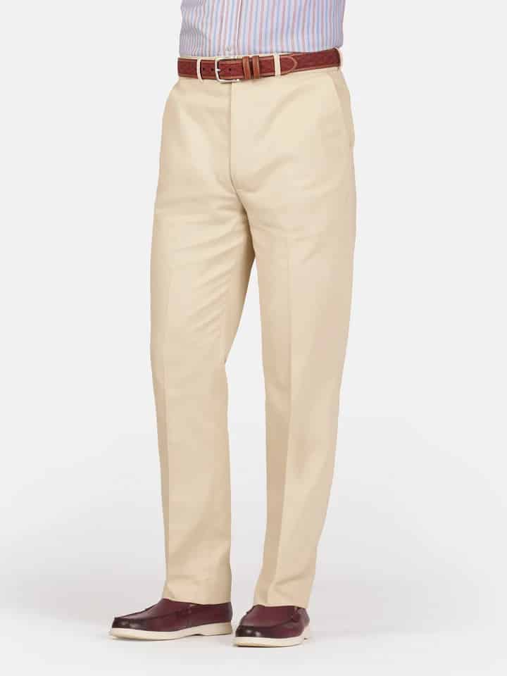 Men's Stone Flat Front Chino Trousers on Model