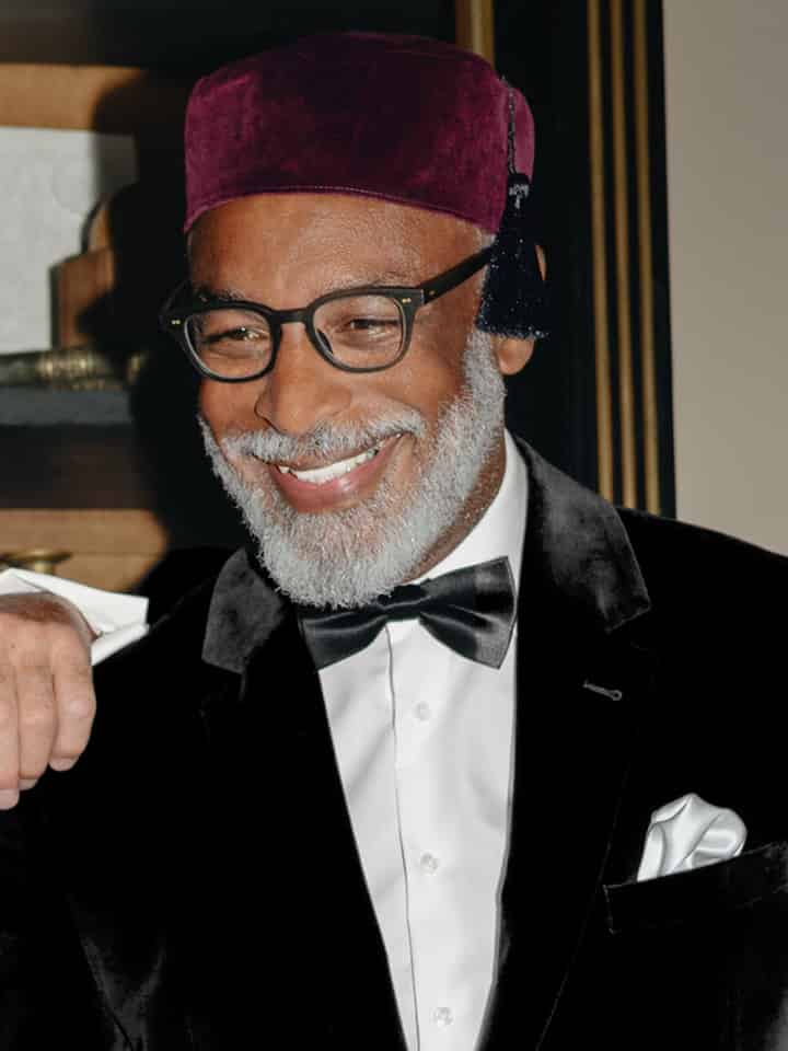 Men's Burgundy Red Velvet Tasselled Smoking Cap on Model